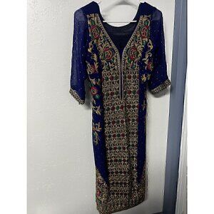 PAKISTANI INDIAN SHALWAR KAMEEZ CHIFFON, EMBROIDERY WORK DRESS. SIZE SMALL